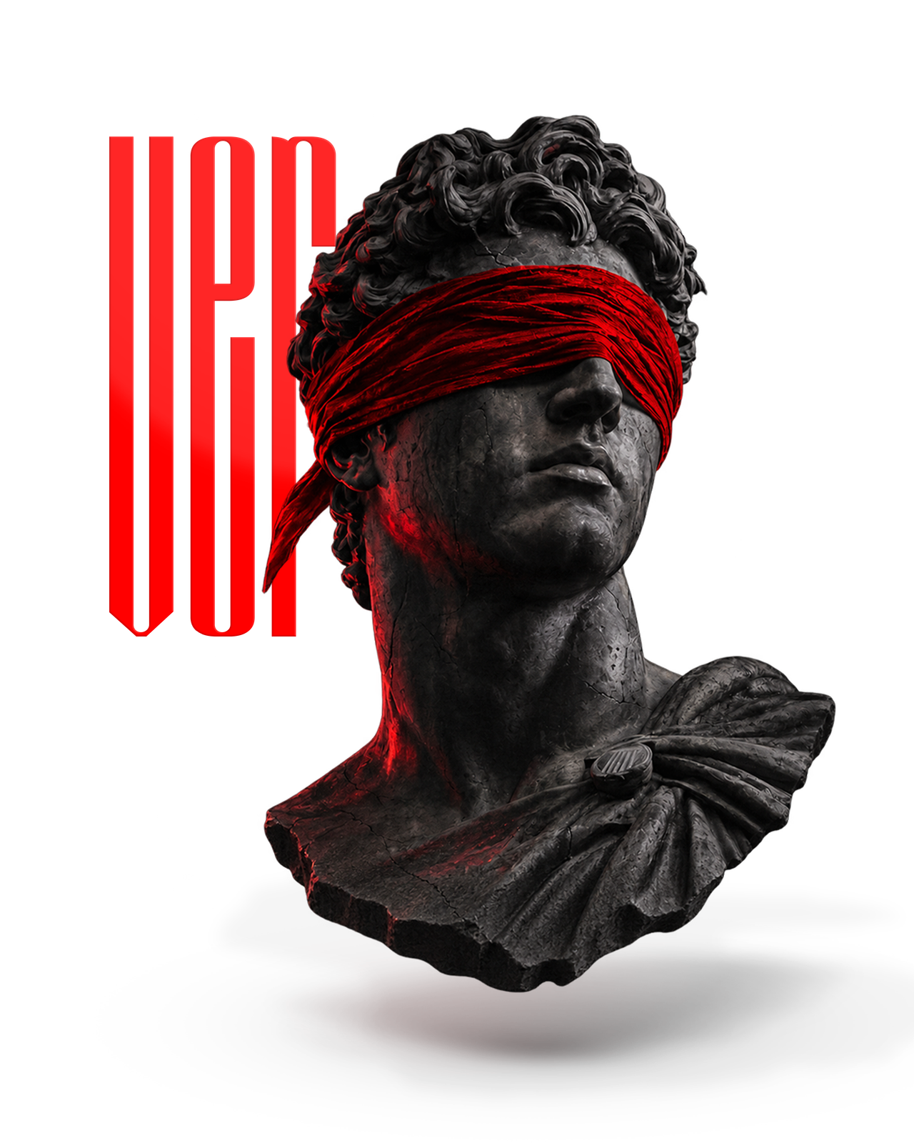 Busto clássico de olhos vendados com a marca VER em vermelho — aplicação oficial da identidade da VER.
