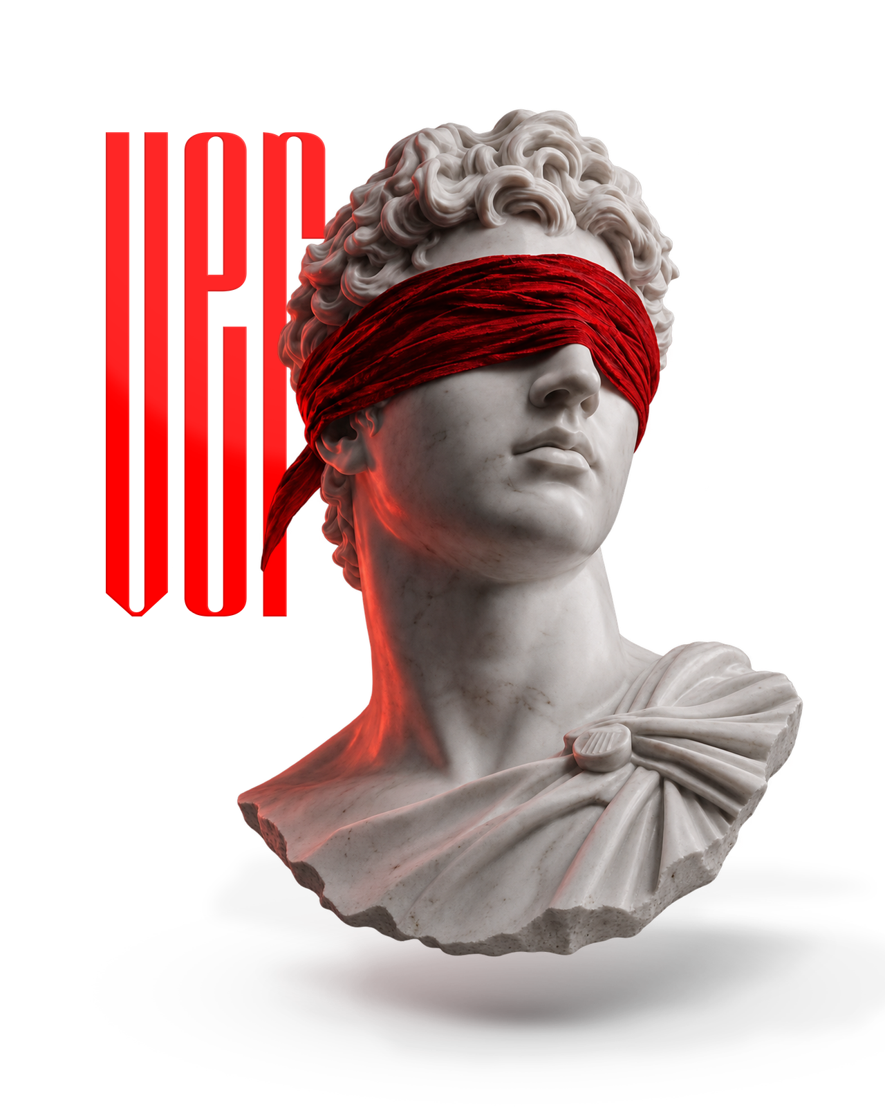 Busto clássico de olhos vendados com a marca VER em vermelho — aplicação oficial da identidade da VER.